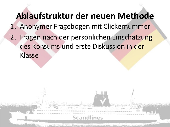 Ablaufstruktur der neuen Methode 1. Anonymer Fragebogen mit Clickernummer 2. Fragen nach der persönlichen