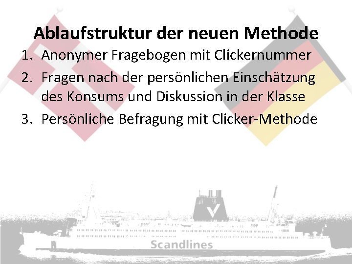 Ablaufstruktur der neuen Methode 1. Anonymer Fragebogen mit Clickernummer 2. Fragen nach der persönlichen