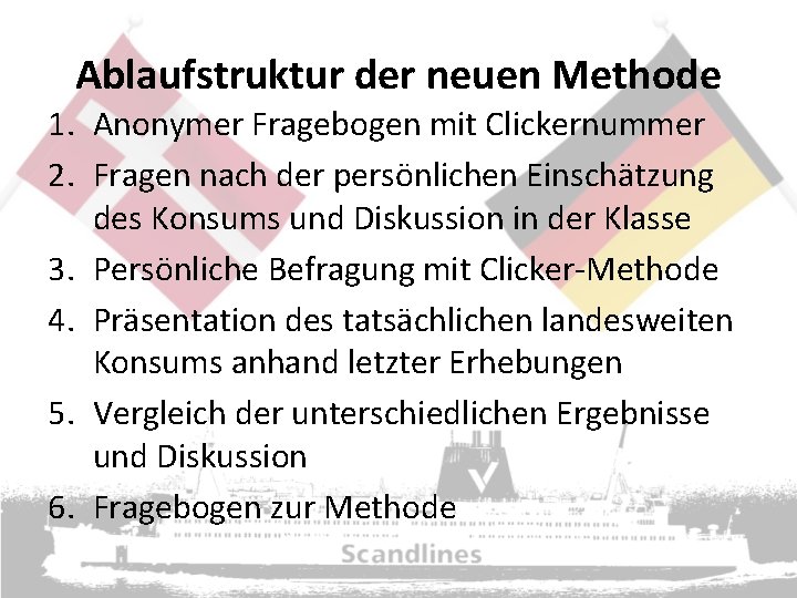 Ablaufstruktur der neuen Methode 1. Anonymer Fragebogen mit Clickernummer 2. Fragen nach der persönlichen