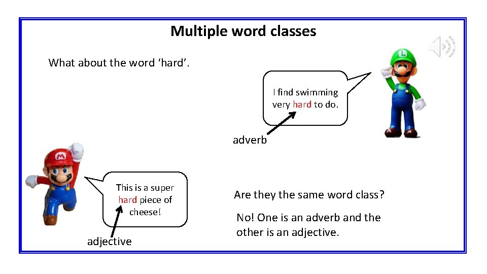 Multiple word classes What about the word ‘hard’. I find swimming very hard to