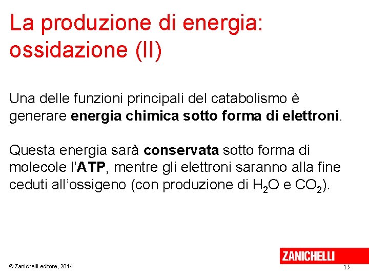 La produzione di energia: ossidazione (II) Una delle funzioni principali del catabolismo è generare