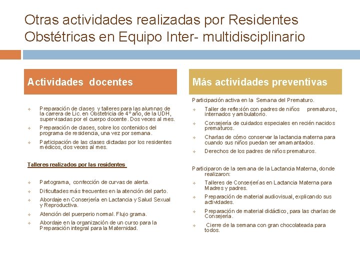 Otras actividades realizadas por Residentes Obstétricas en Equipo Inter- multidisciplinario Actividades docentes Más actividades