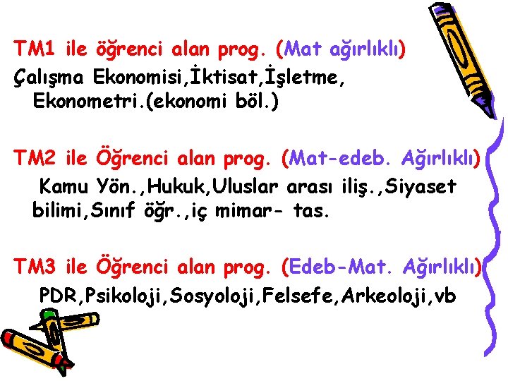 TM 1 ile öğrenci alan prog. (Mat ağırlıklı) Çalışma Ekonomisi, İktisat, İşletme, Ekonometri. (ekonomi