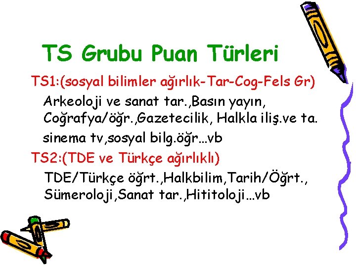 TS Grubu Puan Türleri TS 1: (sosyal bilimler ağırlık-Tar-Cog-Fels Gr) Arkeoloji ve sanat tar.