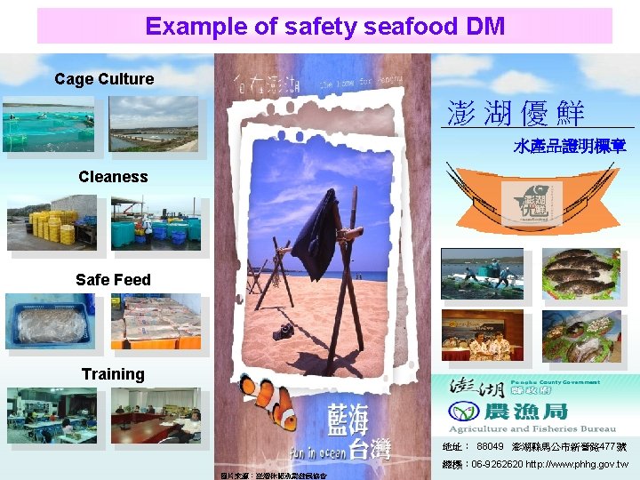 Example of safety seafood DM Cage Culture 澎湖優鮮 水產品證明標章 Cleaness Safe Feed Training 地址：