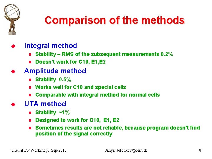 Comparison of the methods u Integral method n n u Amplitude method n n