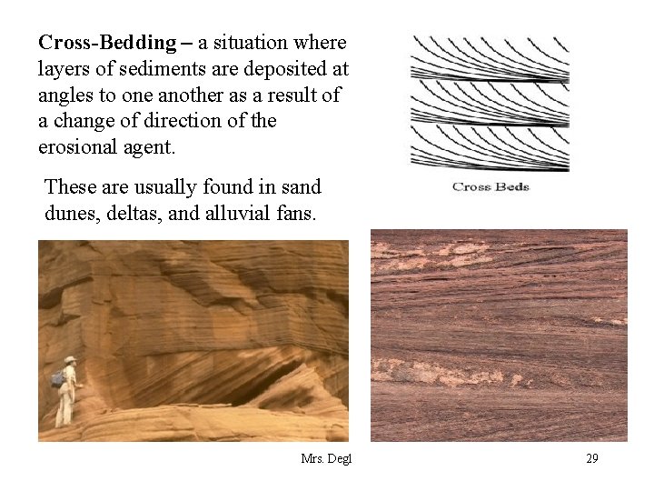 Cross-Bedding – a situation where layers of sediments are deposited at angles to one
