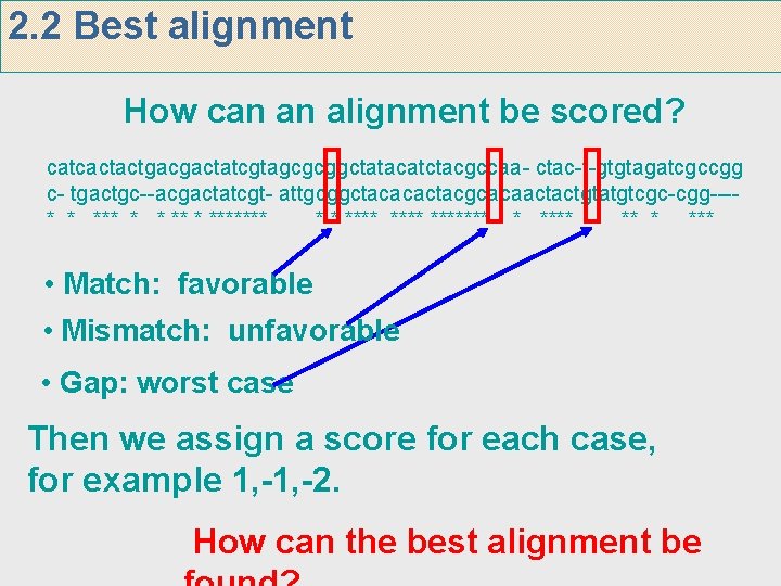 2. 2 Best alignment How can an alignment be scored? catcactactgacgactatcgtagcgcggctatacatctacgccaa- ctac-t-gtgtagatcgccgg c- tgactgc--acgactatcgt-