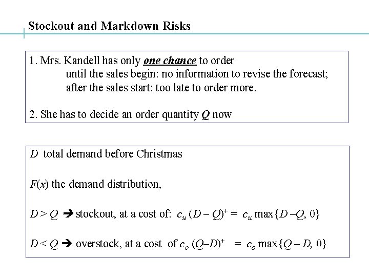 Stockout and Markdown Risks 1. Mrs. Kandell has only one chance to order until