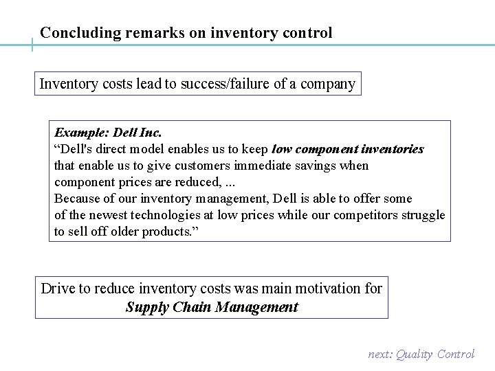 Concluding remarks on inventory control Inventory costs lead to success/failure of a company Example: