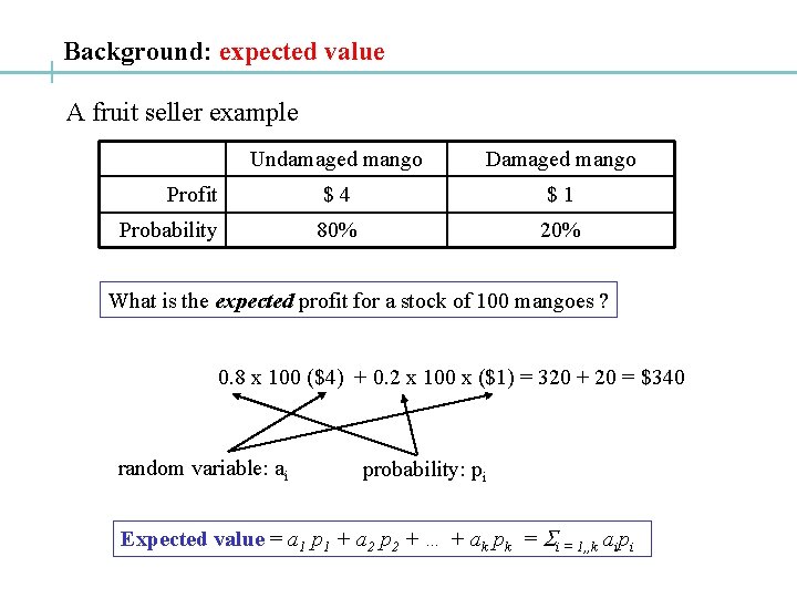 Background: expected value A fruit seller example Undamaged mango Damaged mango Profit $4 $1