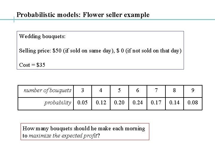 Probabilistic models: Flower seller example Wedding bouquets: Selling price: $50 (if sold on same