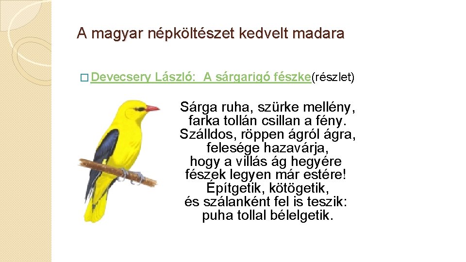 A magyar népköltészet kedvelt madara � Devecsery László: A sárgarigó fészke(részlet) Sárga ruha, szürke