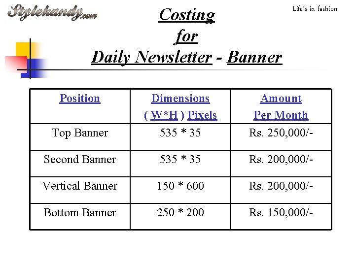 Costing for Daily Newsletter - Banner Position Life’s in fashion Top Banner Dimensions (