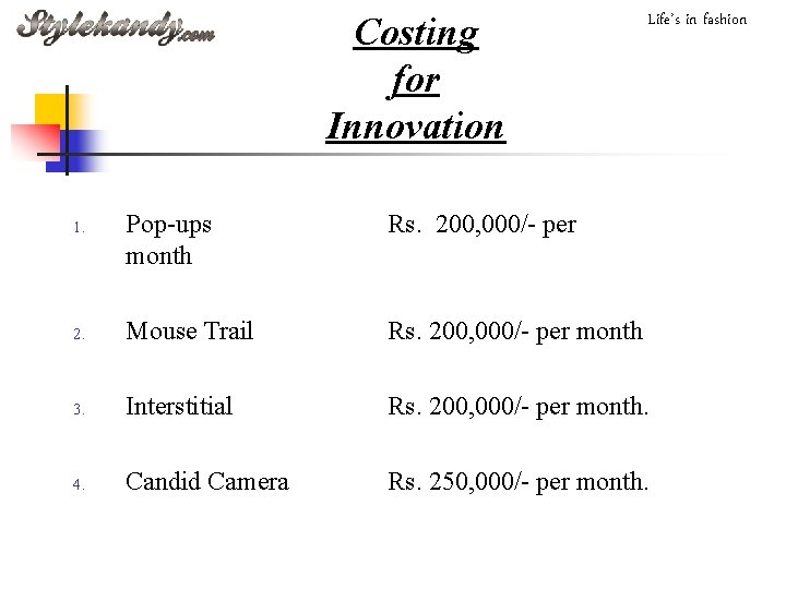 Costing for Innovation Life’s in fashion Pop-ups month Rs. 200, 000/- per 2. Mouse
