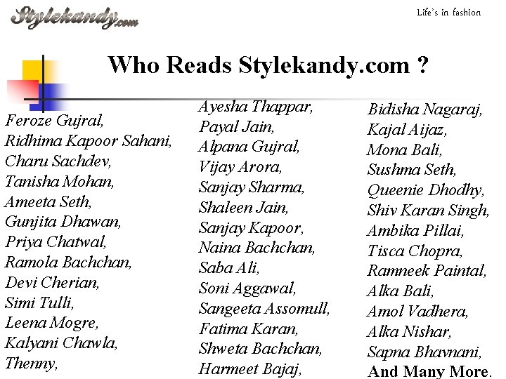 Life’s in fashion Who Reads Stylekandy. com ? Feroze Gujral, Ridhima Kapoor Sahani, Charu