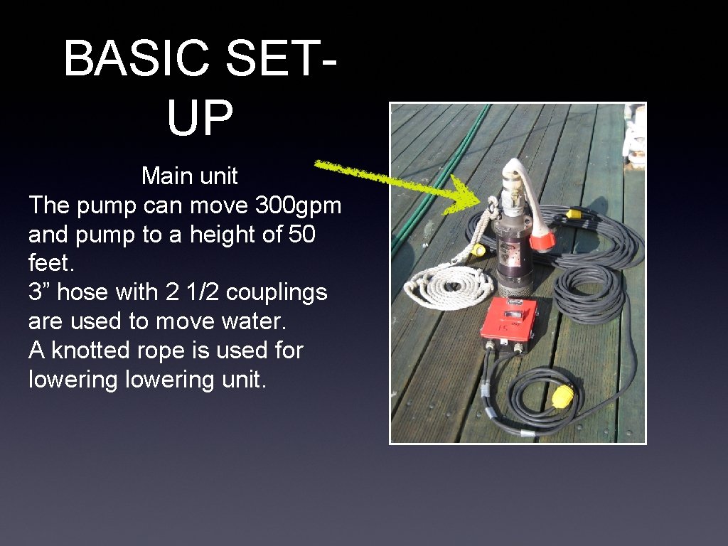 BASIC SETUP Main unit The pump can move 300 gpm and pump to a