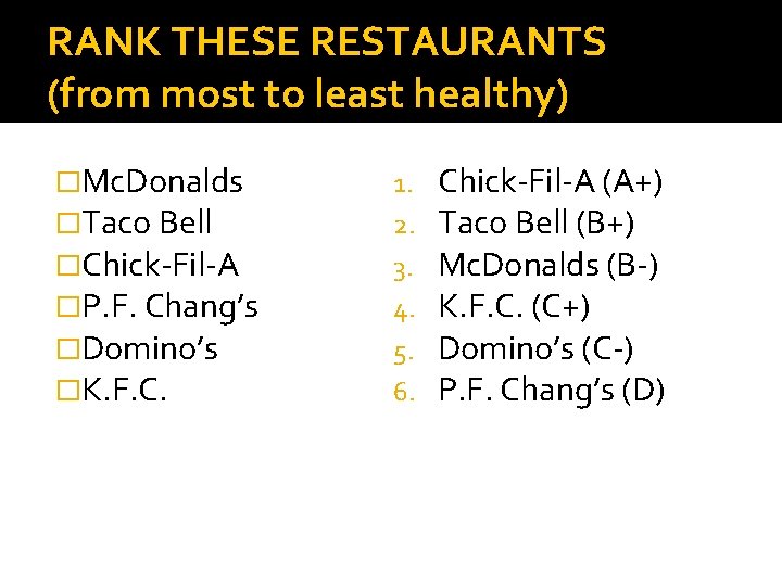 RANK THESE RESTAURANTS (from most to least healthy) �Mc. Donalds �Taco Bell �Chick-Fil-A �P.