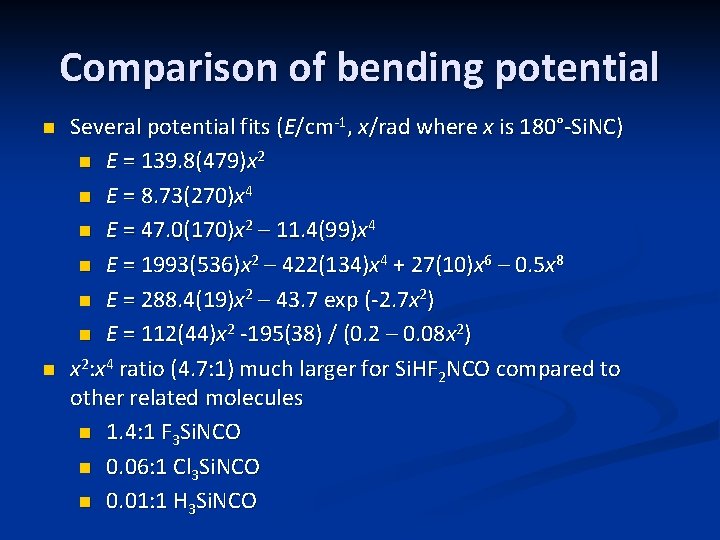 Comparison of bending potential n n Several potential fits (E/cm-1, x/rad where x is