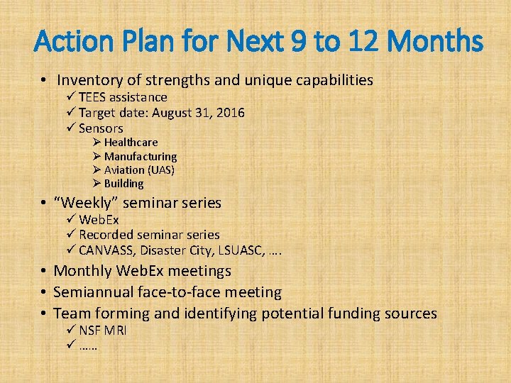 Action Plan for Next 9 to 12 Months • Inventory of strengths and unique