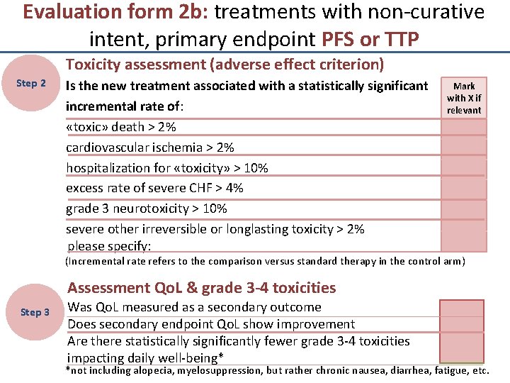 Evaluation form 2 b: treatments with non-curative intent, primary endpoint PFS or TTP Toxicity