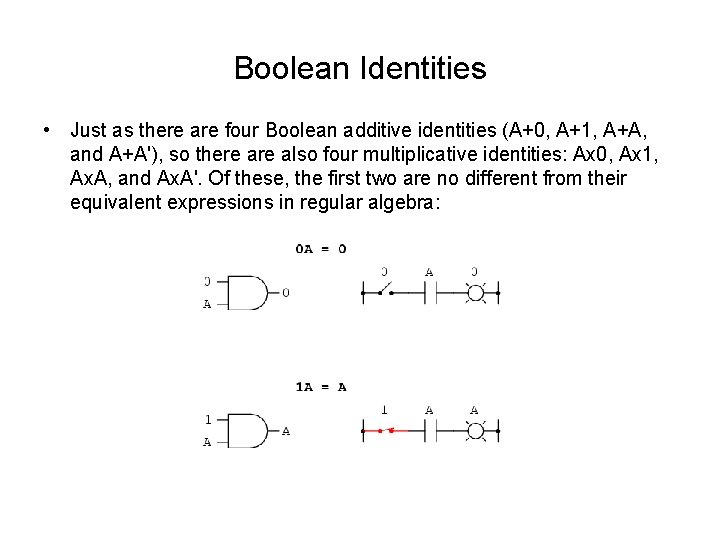 Boolean Identities • Just as there are four Boolean additive identities (A+0, A+1, A+A, Boolean Identities • Just as there are four Boolean additive identities (A+0, A+1, A+A,