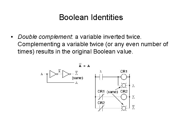Boolean Identities • Double complement: a variable inverted twice. Complementing a variable twice (or Boolean Identities • Double complement: a variable inverted twice. Complementing a variable twice (or