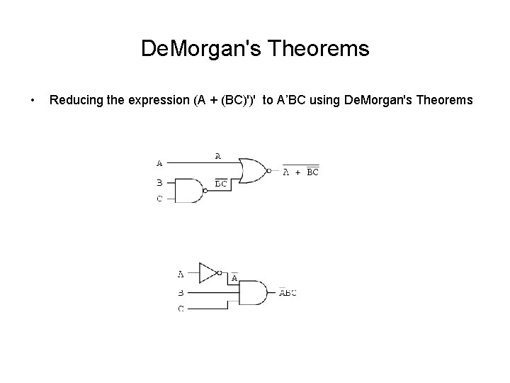 De. Morgan's Theorems • Reducing the expression (A + (BC)')' to A’BC using De. De. Morgan's Theorems • Reducing the expression (A + (BC)')' to A’BC using De.