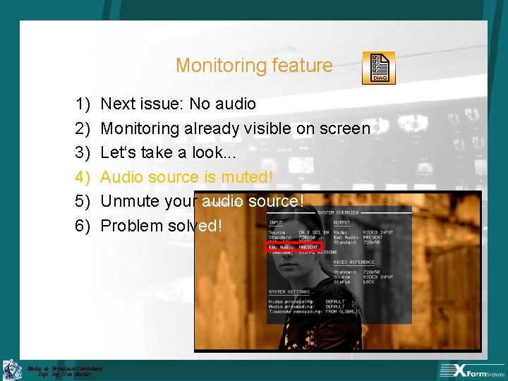 Monitoring feature 1) 2) 3) 4) 5) 6) Next issue: No audio Monitoring already