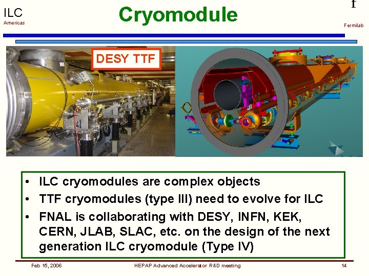 f Cryomodule ILC Americas Fermilab DESY TTF ILC cryomodule • ILC cryomodules are complex