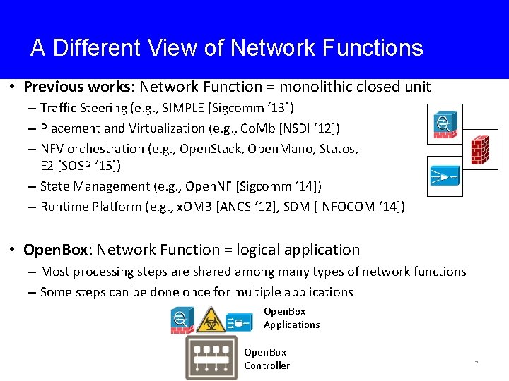 A Different View of Network Functions • Previous works: Network Function = monolithic closed