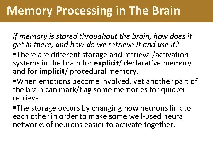 Memory Processing in The Brain If memory is stored throughout the brain, how does