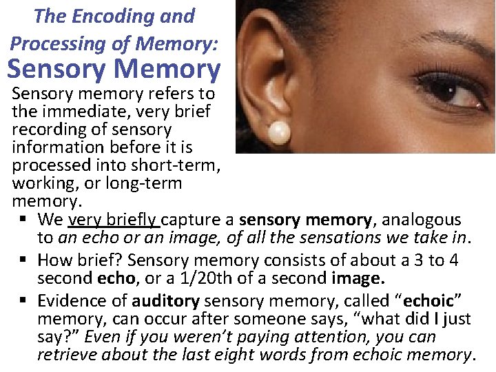 The Encoding and Processing of Memory: Sensory Memory Sensory memory refers to the immediate,