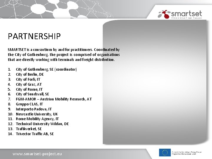 PARTNERSHIP SMARTSET is a consortium by and for practitioners. Coordinated by the City of