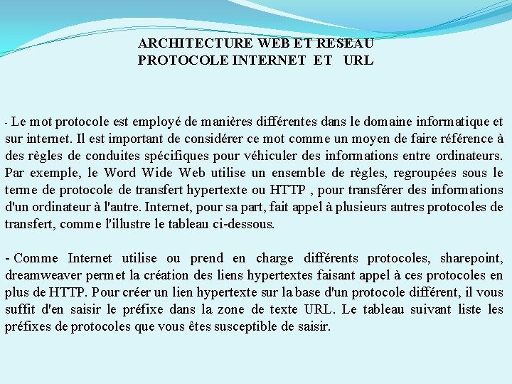 ARCHITECTURE WEB ET RESEAU PROTOCOLE INTERNET ET URL Le mot protocole est employé de