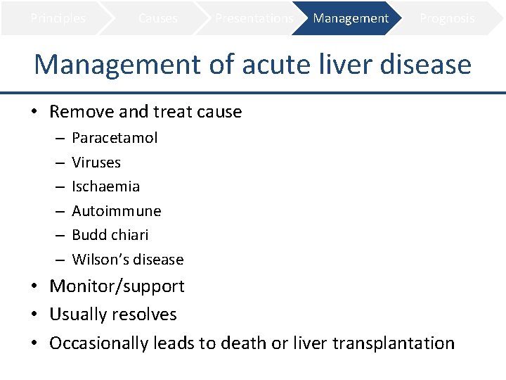 Principles Causes Presentations Management Prognosis Management of acute liver disease • Remove and treat