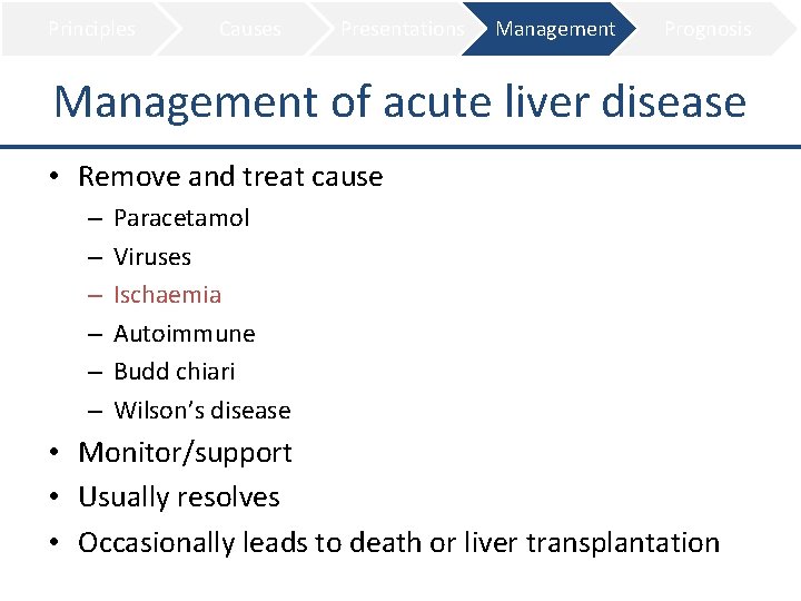 Principles Causes Presentations Management Prognosis Management of acute liver disease • Remove and treat