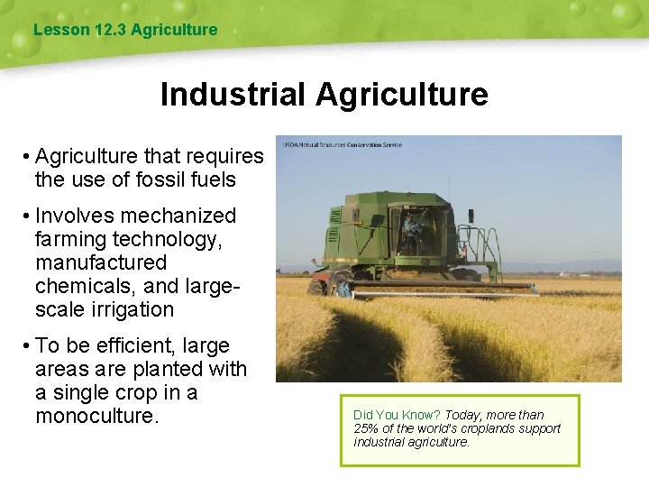 Lesson 12. 3 Agriculture Industrial Agriculture • Agriculture that requires the use of fossil