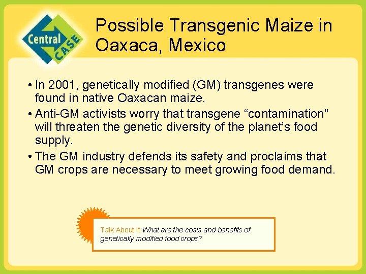 Possible Transgenic Maize in Oaxaca, Mexico • In 2001, genetically modified (GM) transgenes were