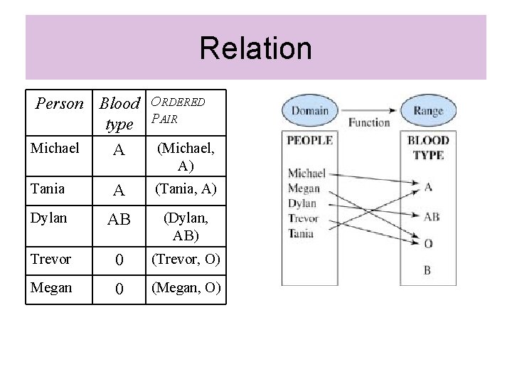 Relation Person Blood ORDERED type PAIR Michael A (Michael, A) Tania A (Tania, A)