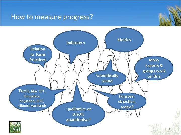 How to measure progress? Indicators Metrics Relation to Farm Practices Scientifically sound Tools, like