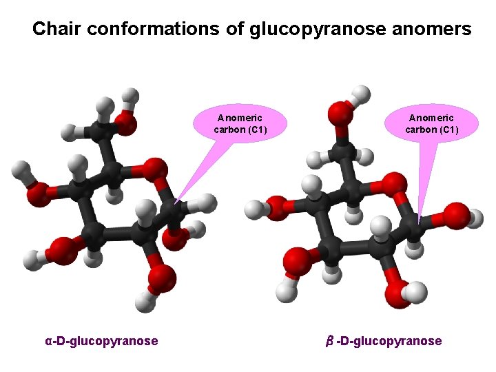 Chair conformations of glucopyranose anomers Anomeric carbon (C 1) α-D-glucopyranose Anomeric carbon (C 1)