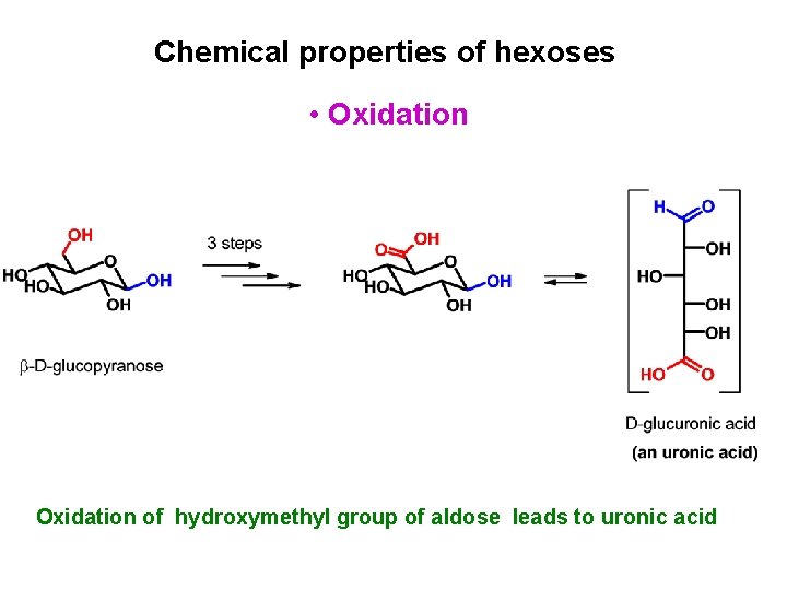 Chemical properties of hexoses • Oxidation of hydroxymethyl group of aldose leads to uronic