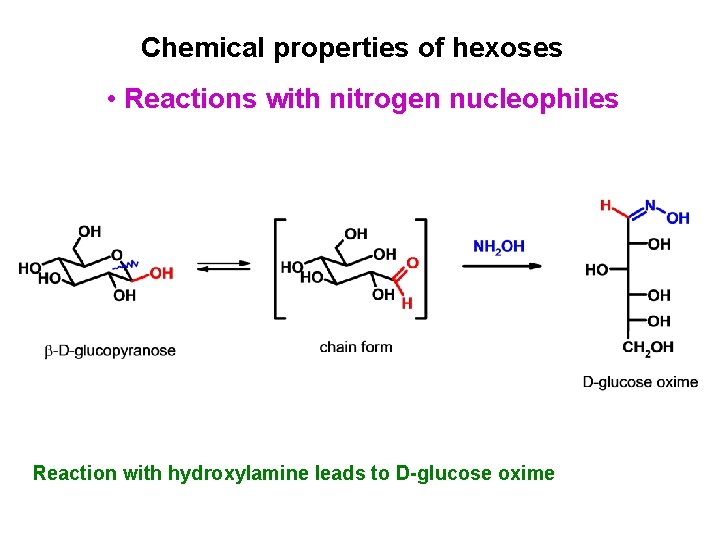 Chemical properties of hexoses • Reactions with nitrogen nucleophiles Reaction with hydroxylamine leads to Chemical properties of hexoses • Reactions with nitrogen nucleophiles Reaction with hydroxylamine leads to