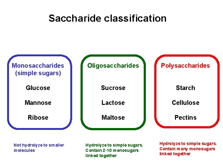 Saccharide classification Monosaccharides (simple sugars) Oligosaccharides Polysaccharides Glucose Sucrose Starch Mannose Lactose Cellulose Ribose