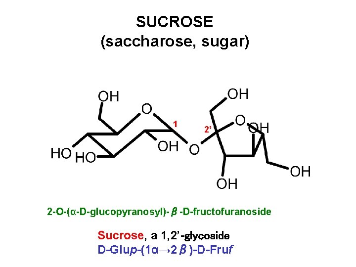 SUCROSE (saccharose, sugar) 1 2’ 2 -O-(α-D-glucopyranosyl)-β-D-fructofuranoside Sucrose, a 1, 2’-glycoside D-Glup-(1α→ 2β)-D-Fruf 