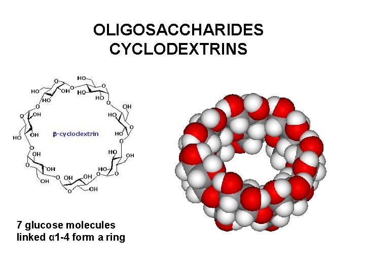 OLIGOSACCHARIDES CYCLODEXTRINS 7 glucose molecules linked α 1 -4 form a ring OLIGOSACCHARIDES CYCLODEXTRINS 7 glucose molecules linked α 1 -4 form a ring