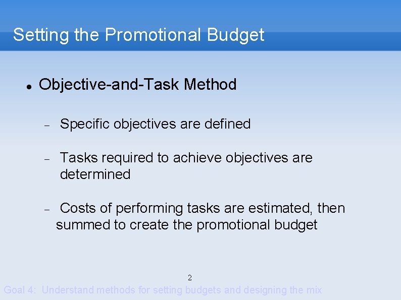 Setting the Promotional Budget Objective-and-Task Method Specific objectives are defined Tasks required to achieve