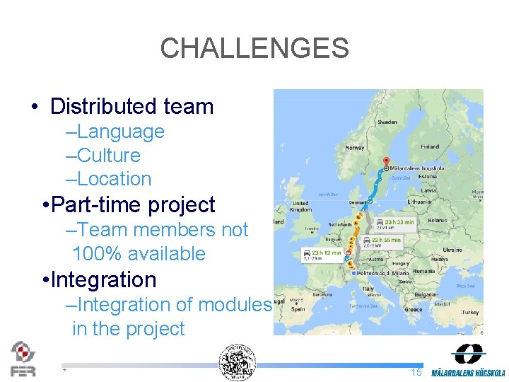 CHALLENGES • Distributed team –Language –Culture –Location • Part-time project –Team members not 100%