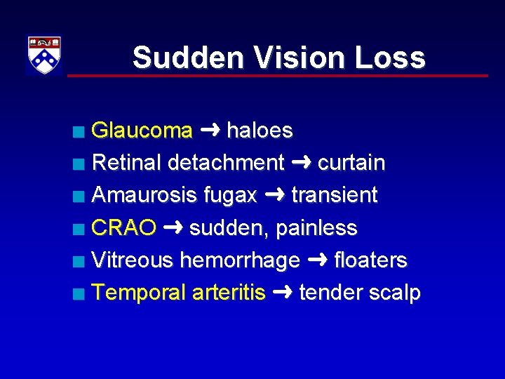 Sudden Vision Loss Glaucoma haloes n Retinal detachment curtain n Amaurosis fugax transient n
